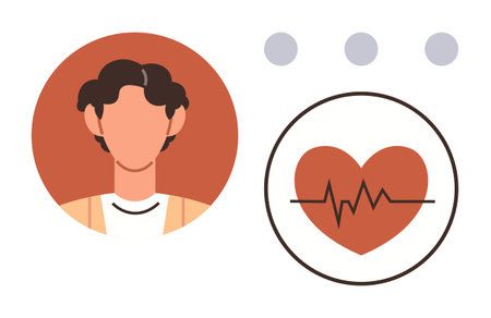 Portrait of a person alongside a heart with a heartbeat line inside a circle, representing health, wellness, fitness tracking, healthcare monitoring, self-care, medical insight, simple flat metaphorのイラスト素材