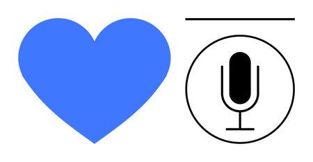 Blue heart and microphone inside circular frame beneath a line. Ideal for technology, communication, podcasts, audio, love for media, branding, simple landing pageのイラスト素材
