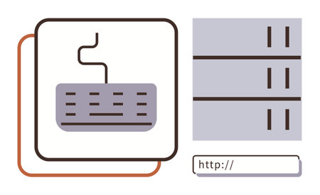 Keyboard, server stack, and URL bar highlighting website hosting, data management, networking, and...