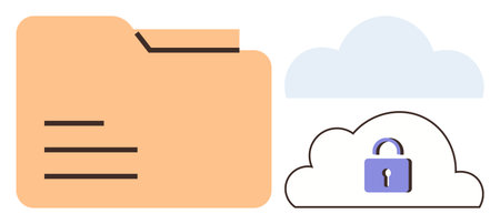 Yellow folder alongside a cloud graphic with a padlock, symbolizing secure digital storage. Ideal for data security, cloud computing, encryption, online safety, cybersecurity, privacy protectionのイラスト素材