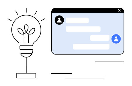 Light bulb representing creativity next to chat window with profile icons for online collaboration....