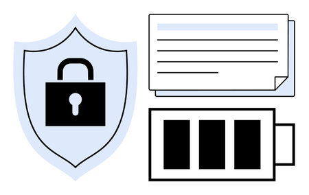 Shield with lock, document papers, and battery symbol representing data security, privacy, energy...