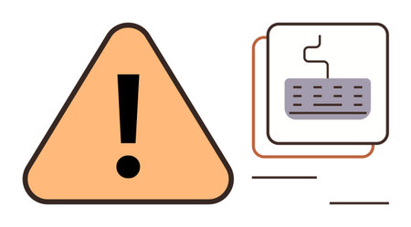 Orange triangular exclamation mark highlighting a keyboard error, signifying alert and caution. Ideal for IT issues, system warnings, troubleshooting, user errors, network problems, caution noticesのイラスト素材