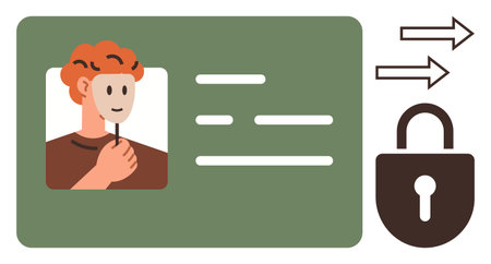 Person holding mask on ID card alongside lock icon and arrows suggesting data exchange. Ideal for identity, security, privacy, data protection, authentication, anonymity, digital safety. Simple flatのイラスト素材