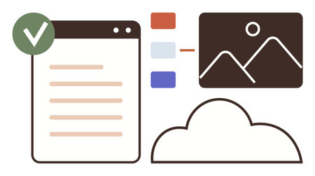 Browser window with checklist, images, cloud icon, and organized color-coded files indicating data...