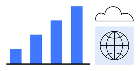 Increasing bar chart symbolizes data growth, global icon under cloud signifies worldwide...