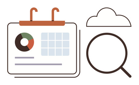 Calendar with pie chart, grid, search symbol, and cloud element emphasizing analytics, organization, and digital integration. Ideal for productivity, research, technology business cloud storageのイラスト素材