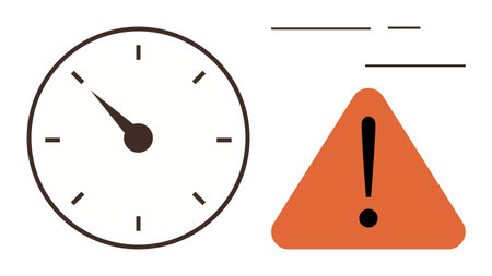 Clock with pointed hand near 10 o clock and orange warning triangle with exclamation mark,...