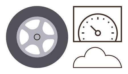 Car wheel, speedometer, and cloud visualizing mobility, performance, cloud technology, data, and...
