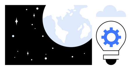 Earth in space with stars, lightbulb containing gear, and cloud. Ideal for innovation, global ideas,...