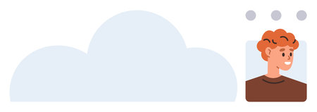 Large blue cloud with user avatar and three dots overhead, symbolizing communication, storage, and...