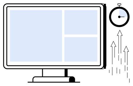 Computer monitor highlighting multitasking, stopwatch for time tracking, arrows symbolizing growth and productivity. Ideal for tech, efficiency, success, time management, business, improvementのイラスト素材