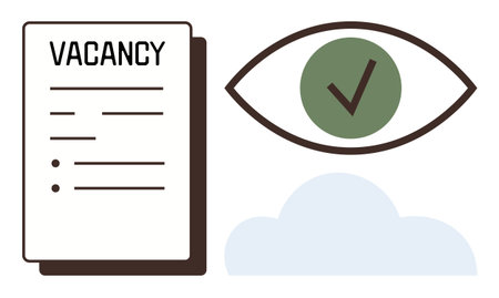Vacancy document beside a green eye with checkmark inside, placed above a soft blue cloud. Ideal for recruitment, job search, employment, approval, HR concepts, hiring career. Simple flat metaphorのイラスト素材