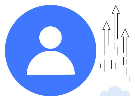 Blue circle with a white profile icon next to upward-pointing arrows and a cloud. Ideal for user...