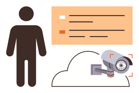 Security camera pointed at cloud storage symbol with a human figure and data display. Ideal for...