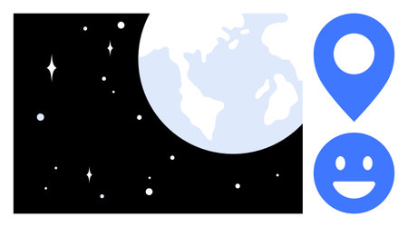 Earth in outer space with stars, a blue location pin, and a happy face. Represents global navigation, technology, communication, and exploration. Ideal for travel, geography innovation educationのイラスト素材