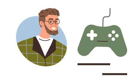 Smiling man with glasses and stylish outfit alongside a green corded gaming controller. Ideal for gaming, hobbies, entertainment, creativity, technology, youth lifestyle, personal passions. Simpleのイラスト素材
