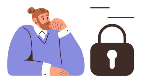 Man with a thoughtful expression rests his head on his hand near a large padlock. Ideal for privacy, cybersecurity, access control, decision-making, personal reflection, information protectionのイラスト素材