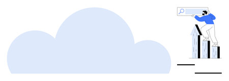 Man holding search bar standing atop bar graphs pointing toward a cloud. Ideal for progress, data...
