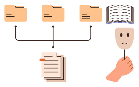 Folder structure linked to documents, book for reference, and hand holding mask for anonymity. Ideal for organization, data management, privacy, workflow, study, information sorting simple flatのイラスト素材