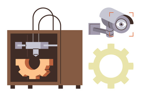 3D printer crafting gear shape, wall-mounted surveillance camera, and gear icon. Ideal for...