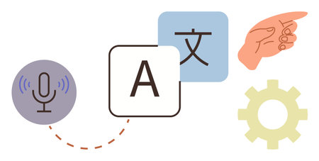 Microphone, language text blocks, hand pointing, and gear representing translation, communication,...