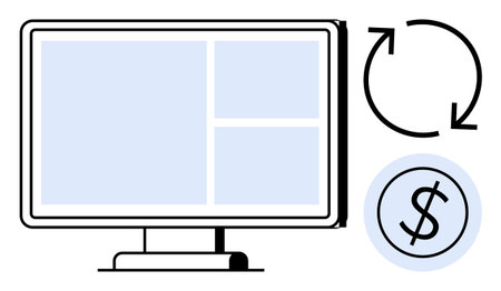 Computer monitor with grid interface, reload arrows, and dollar icon. Ideal for subscription, renewal, ecommerce, finance, digital services sustainability modern business. Simple flat metaphorのイラスト素材