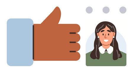Thumbs up hand next to smiling woman avatar and three dots. Ideal for communication, support, approval, networking, recognition, evaluation, teamwork. Represents appreciation in simple flat metaphorのイラスト素材