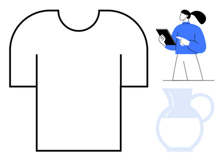 Large plain T-shirt layout, abstract jug with blue accents, woman holding tablet. Ideal for product design, minimalism, technology, fashion, e-commerce, creativity simple landing pageのイラスト素材