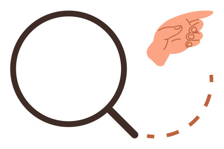 Magnifying glass with dashed path and pointing hand illustrating investigation, discovery, guidance, analysis, navigation, research, and focus. Ideal for business, analysis exploration guidanceのイラスト素材