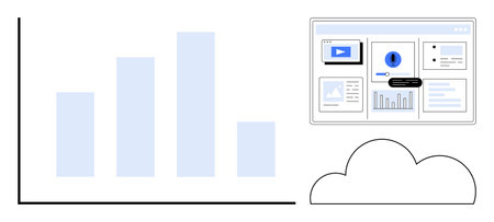 Bar chart trends next to a digital dashboard with graphs, and video content stored in a cloud. Ideal...