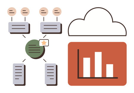 Cloud storage above a bar chart, linked with a hierarchy of connected nodes. Ideal for data management, cloud computing, analytics, information flow, organization, productivity, and technologyのイラスト素材