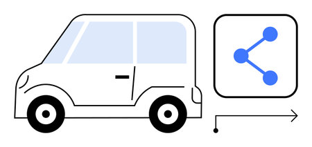 Compact electric car and sharing symbol with arrows suggesting digital mobility, eco-friendly transport, and smart connectivity. Ideal for car sharing, sustainability solutions, tech innovationのイラスト素材