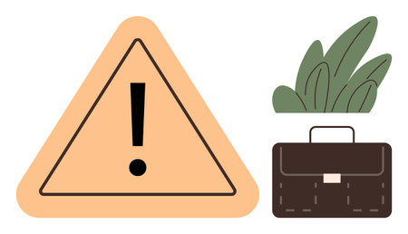 Warning triangle with exclamation mark, briefcase, and leaves. Ideal for business risk, caution,...