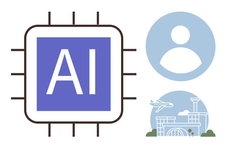 AI chip surrounded by human profile and airport graphic showcasing technology, user interaction, and travel. Ideal for innovation, AI integration, connectivity, automation, global networks, techのイラスト素材