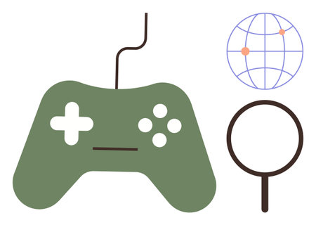 Gaming controller with cord beside a search magnifier and globe with connection points. Ideal for...