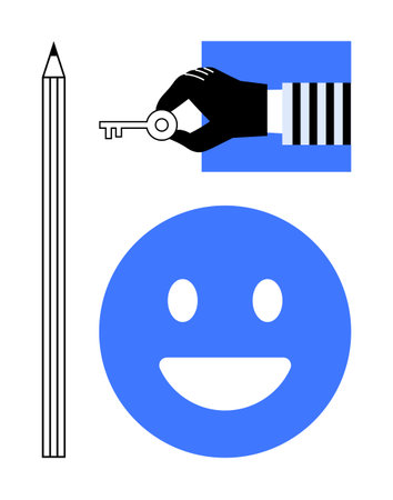 Pencil and hand holding a key symbolize ideas and solutions, with a smiling face for optimism. Ideal for creativity, education, problem-solving, positivity, motivation, success, simple landing pageのイラスト素材