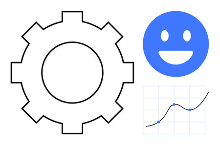 Large gear beside smiling face and growth graph with points on grid. Ideal for teamwork, innovation, strategy, problem-solving, work efficiency, progress tracking, simple landing pageのイラスト素材