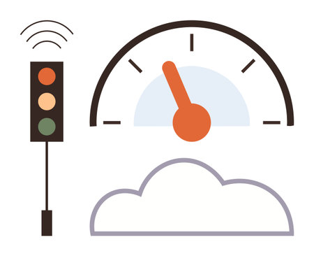 Speedometer with orange needle, smart traffic light with wireless waves, translucent cloud. Ideal for technology, IoT, smart systems, connectivity, performance automation cloud computing. Simpleのイラスト素材