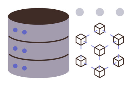 Stack of server disks linked to cube network diagram. Ideal for blockchain, technology, data...