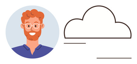 Smiling man with glasses is next to an outlined cloud shape with subtle connection lines. Ideal for...