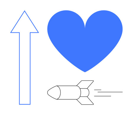 Blue heart next to an upward arrow and speeding rocket, representing love, ambition, innovation, and...