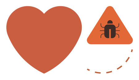 Heart icon next to a triangular bug caution sign, implying danger, vulnerability, or challenge....