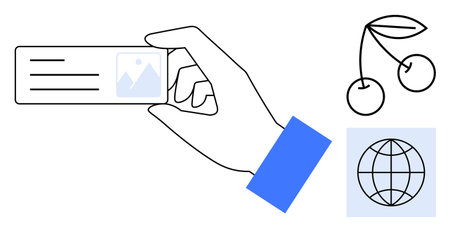 Hand holding an ID card, cherries with stems, and a globe icon in a modern, minimal flat design....