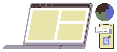 Laptop displaying a webpage, phone showing authentication code and fingerprint, globe icon. Ideal...