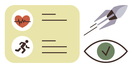 Heart health and running activity icons paired with data lists, rocket for progress, and eye with...