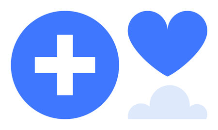 Blue plus sign, heart, and cloud iconizing health, care, and tranquility. Ideal for wellness,...