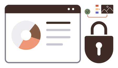 Pie chart, text, padlock, analytics icons communicate data protection, cybersecurity, information...