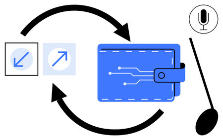 Digital wallet with circuit details, bidirectional arrows indicating transfer, magnifiers for zoom,...
