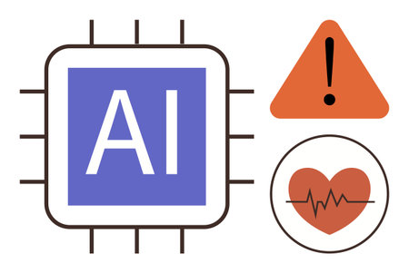 AI chip with AI text, orange warning sign, and heart with heartbeat line. Ideal for technology,...